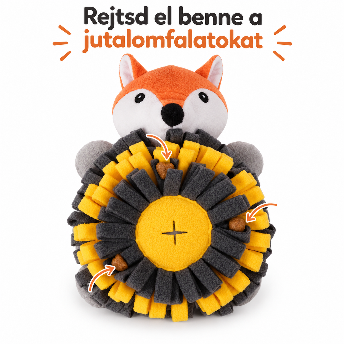 Infografika "Rejtsd el benne a jutalomfalatokat!" felirattal, amely kis nyilakkal mutatja meg a róka szimatjáték textilcsíkjai közötti rejtekhelyeket.