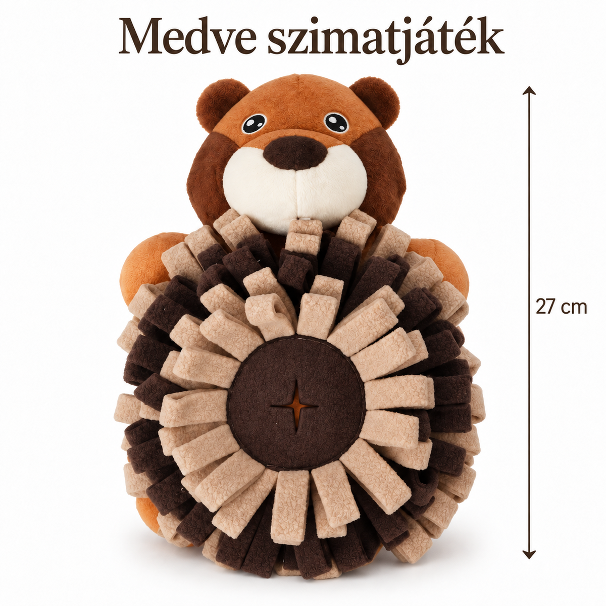 A medve formájú szimatjáték pontos méretezését bemutató ábra, amely szerint a termék magassága 27 centiméter.