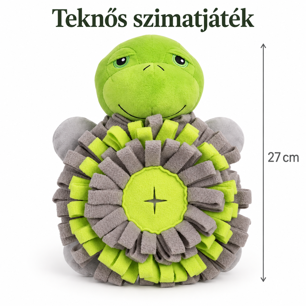 A teknős formájú szimatjáték pontos méretezését bemutató ábra, amely szerint a termék magassága 27 centiméter.