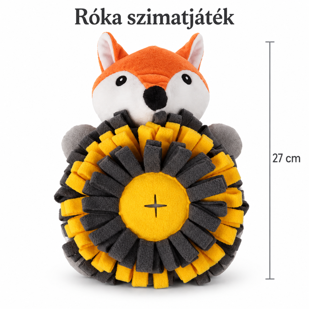 A róka formájú szimatjáték pontos méretezését bemutató ábra, amely szerint a termék magassága 27 centiméter.