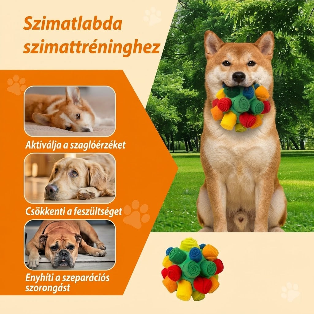 Narancssárga-bézs infografika "Szimatlabda szimattréninghez" felirattal, amelyen egy fűben ülő shiba inu a szájában tartja a színes szimatlabdát, bal oldalon pedig kis képek illusztrálják az unatkozó kutyákat és a szimatolás figyelemlekötő hatását.