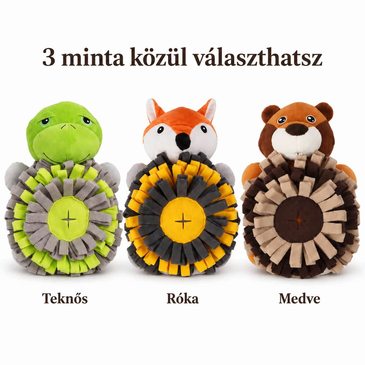 Három különböző, állatfigurás szimatjátékot bemutató kép "3 minta közül választhatsz" felirattal, amelyen egy zöld teknős, egy narancssárga róka és egy barna medve látható.