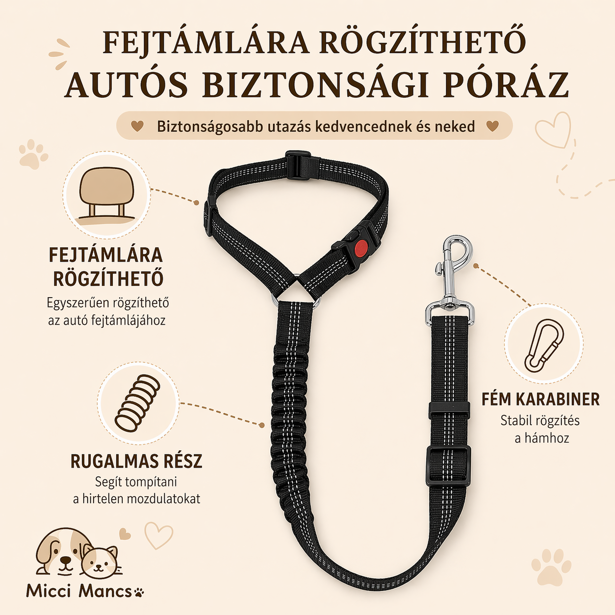 Fejtámlára Rögzíthető Autós Biztonsági Póráz – Fekete