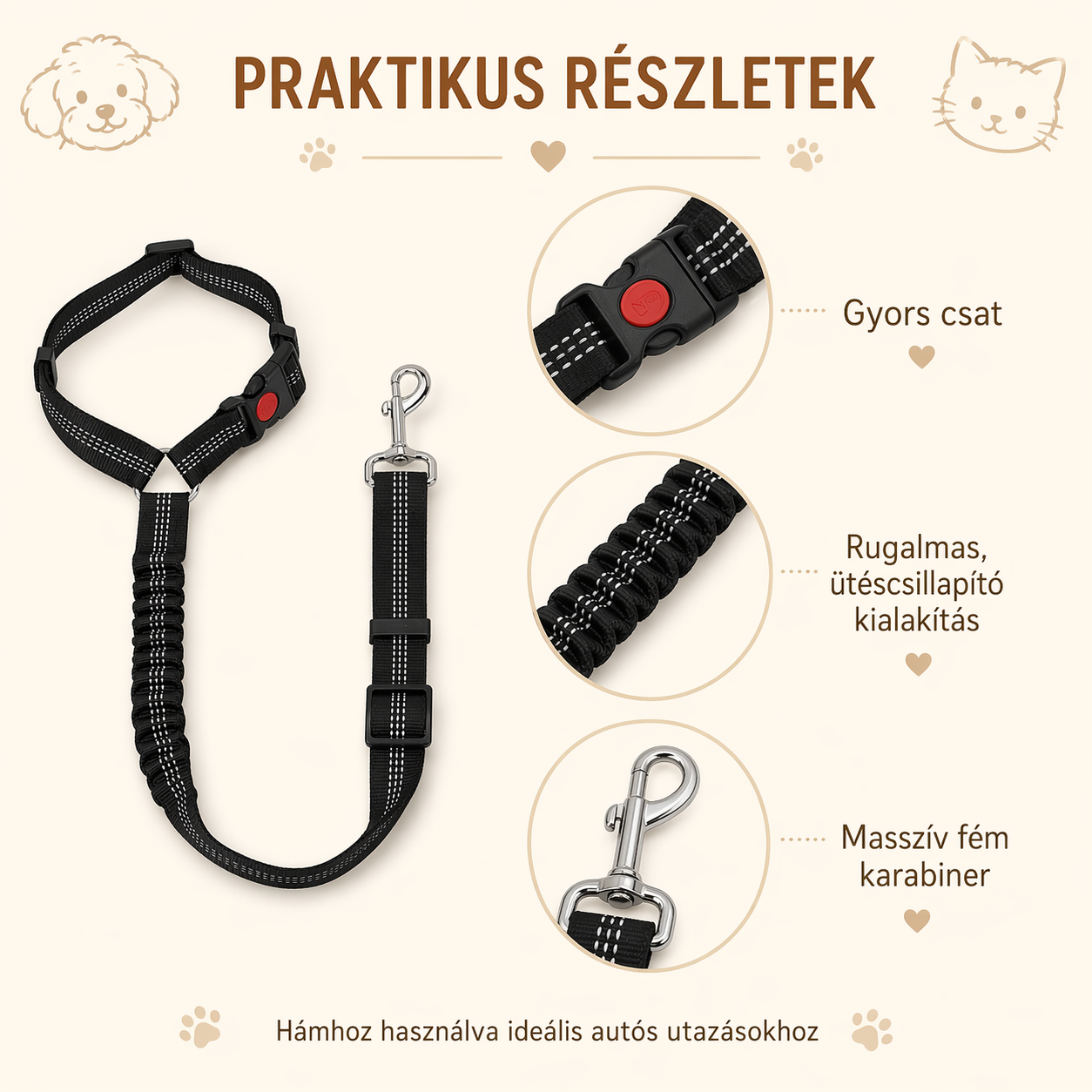 Fejtámlára Rögzíthető Autós Biztonsági Póráz – Fekete