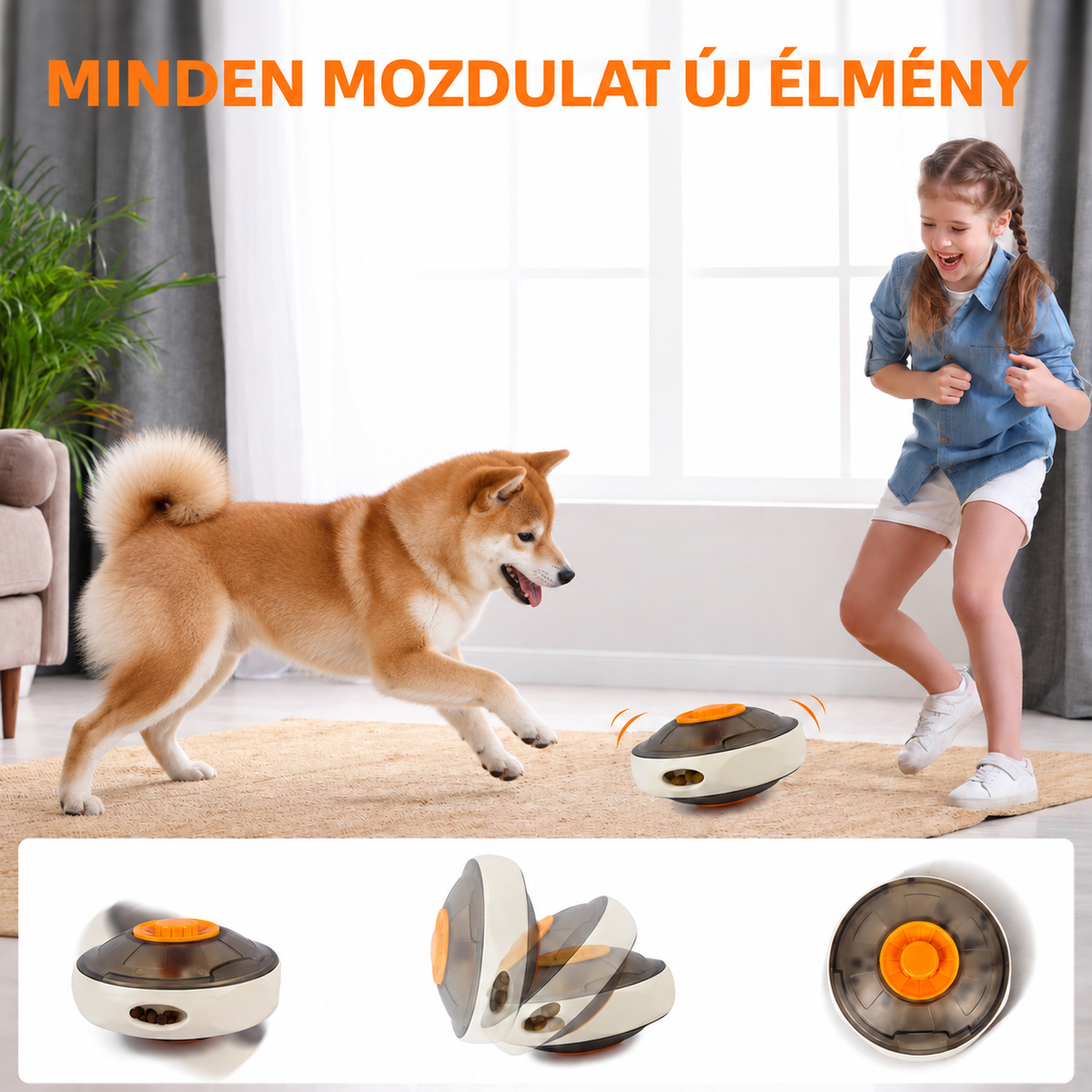 Egy kislány és egy shiba inu kutya játszik a nappaliban a padlón billegő UFO jutalomfalat-adagolóval, ami a játék kiszámíthatatlan mozgását szemlélteti.